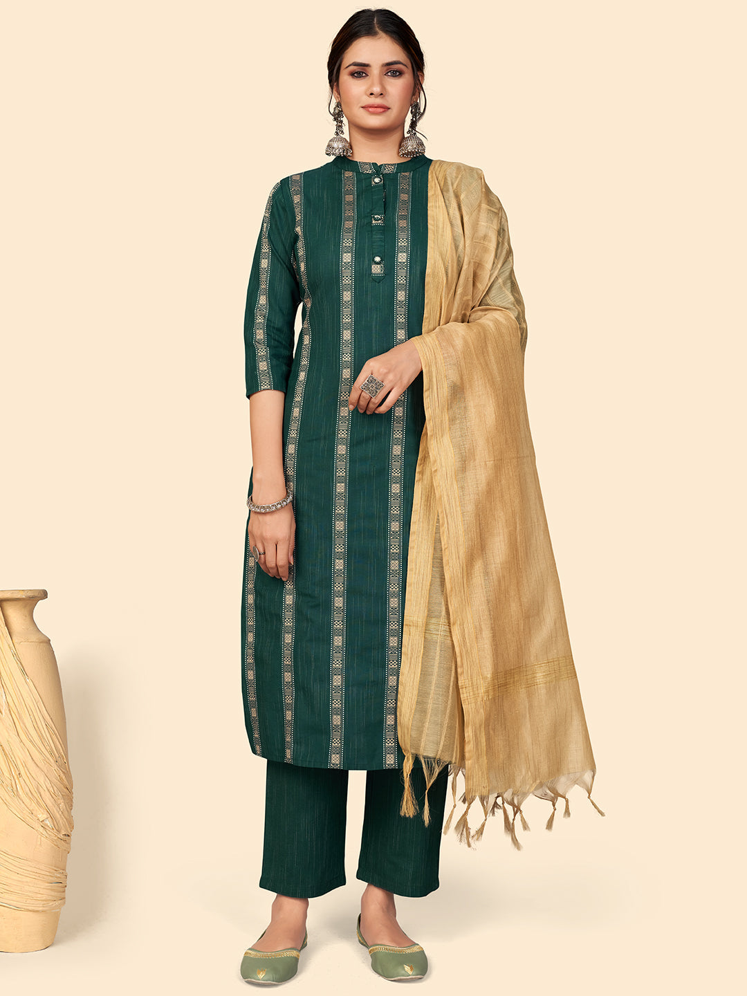 Women's Dark Green Cotton Kurta With Pant & Dupatta By Vbuyz (3Pcs Set)