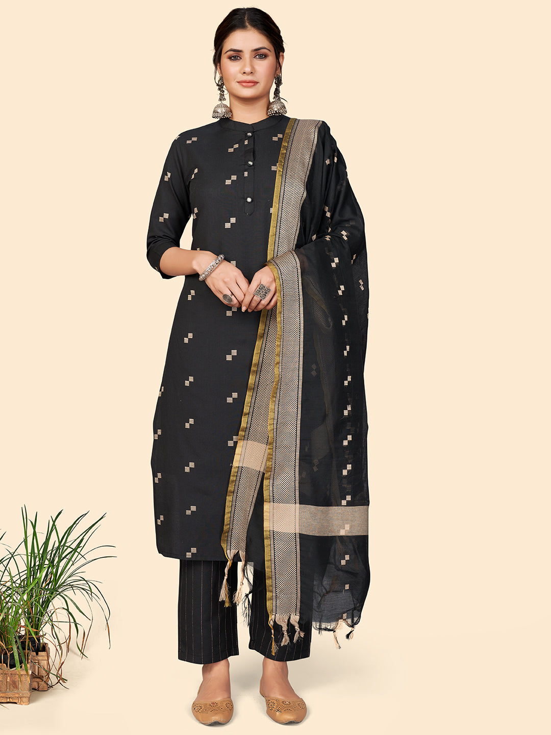 Women's Printed Straight Cotton Black Stitched Kurta Pant With Dupatta - Vbuyz