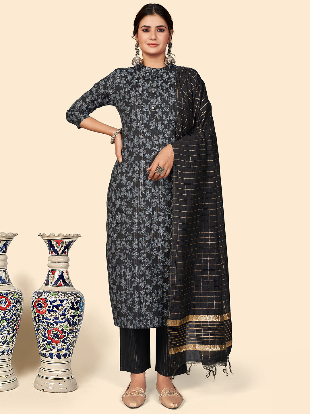 Women's Black Cotton Kurta With Pant & Dupatta By Vbuyz (3Pcs Set)