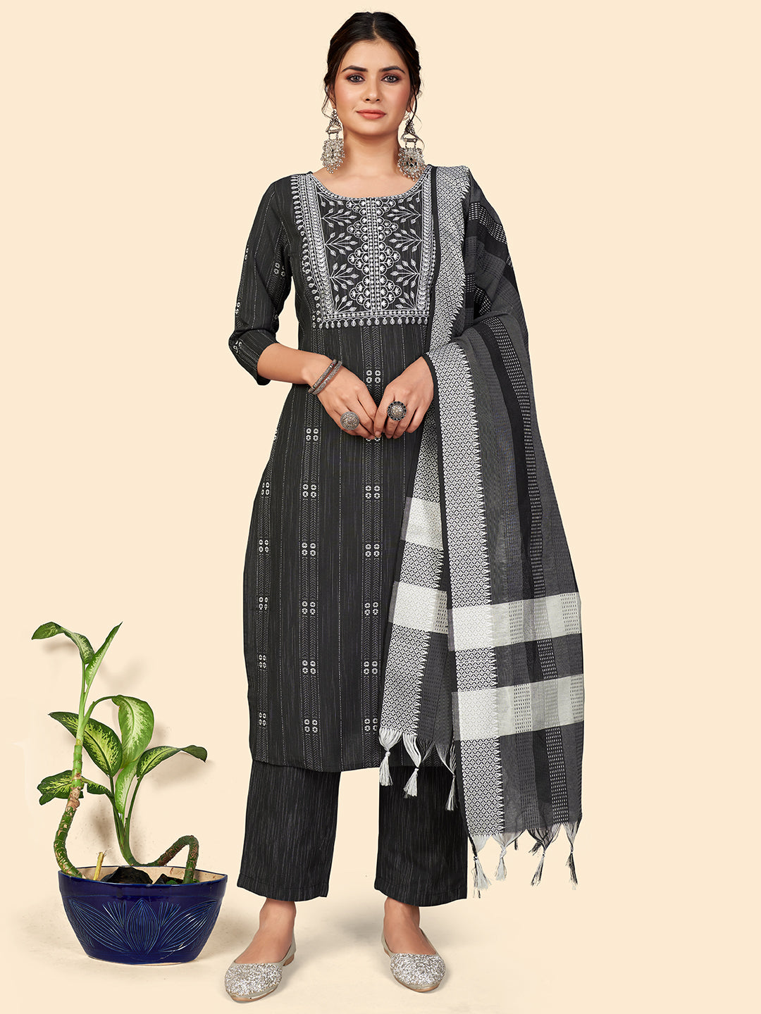 Women's Print & Embroidered Straight Cotton Black Stitched Kurta Pant With Dupatta - Vbuyz