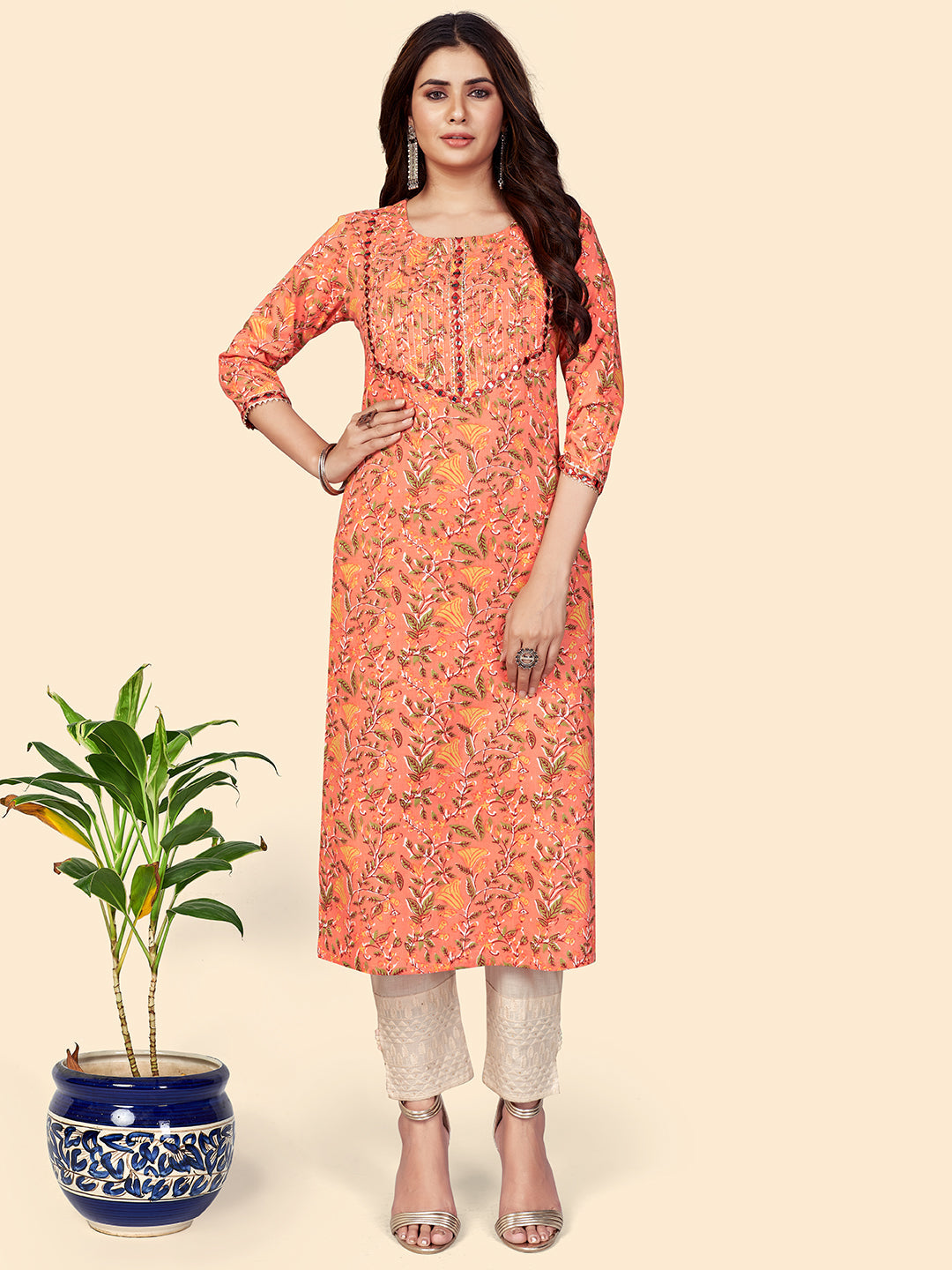 Women's Print & Mirror Work Straight Cotton Orange Stitched Kurta - Vbuyz