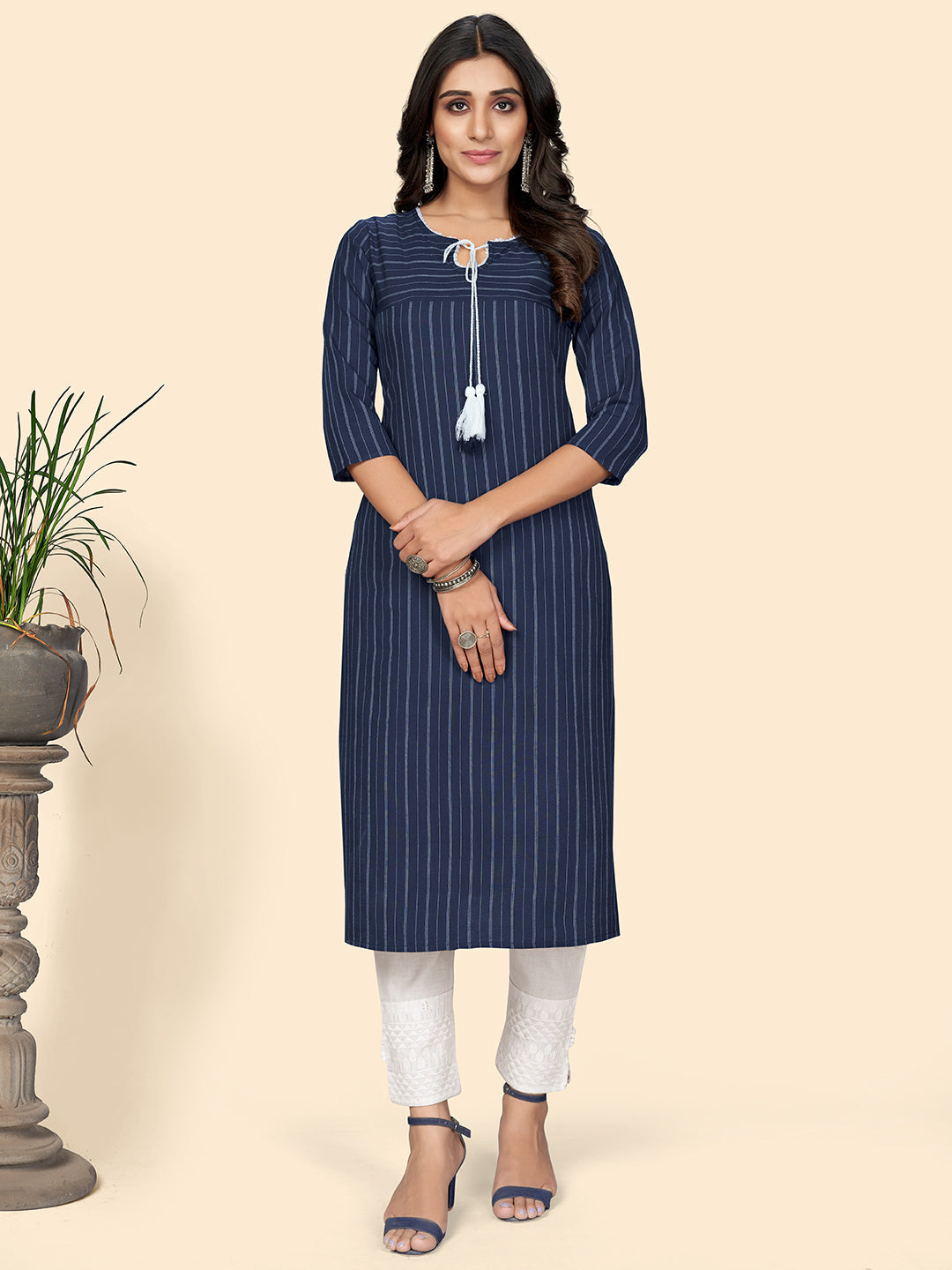 Women's Dark Blue Cotton Kurta By Vbuyz (1Pc)