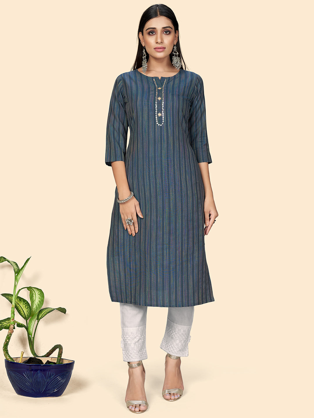 Women's Blue Cotton Kurta By Vbuyz (1Pc)