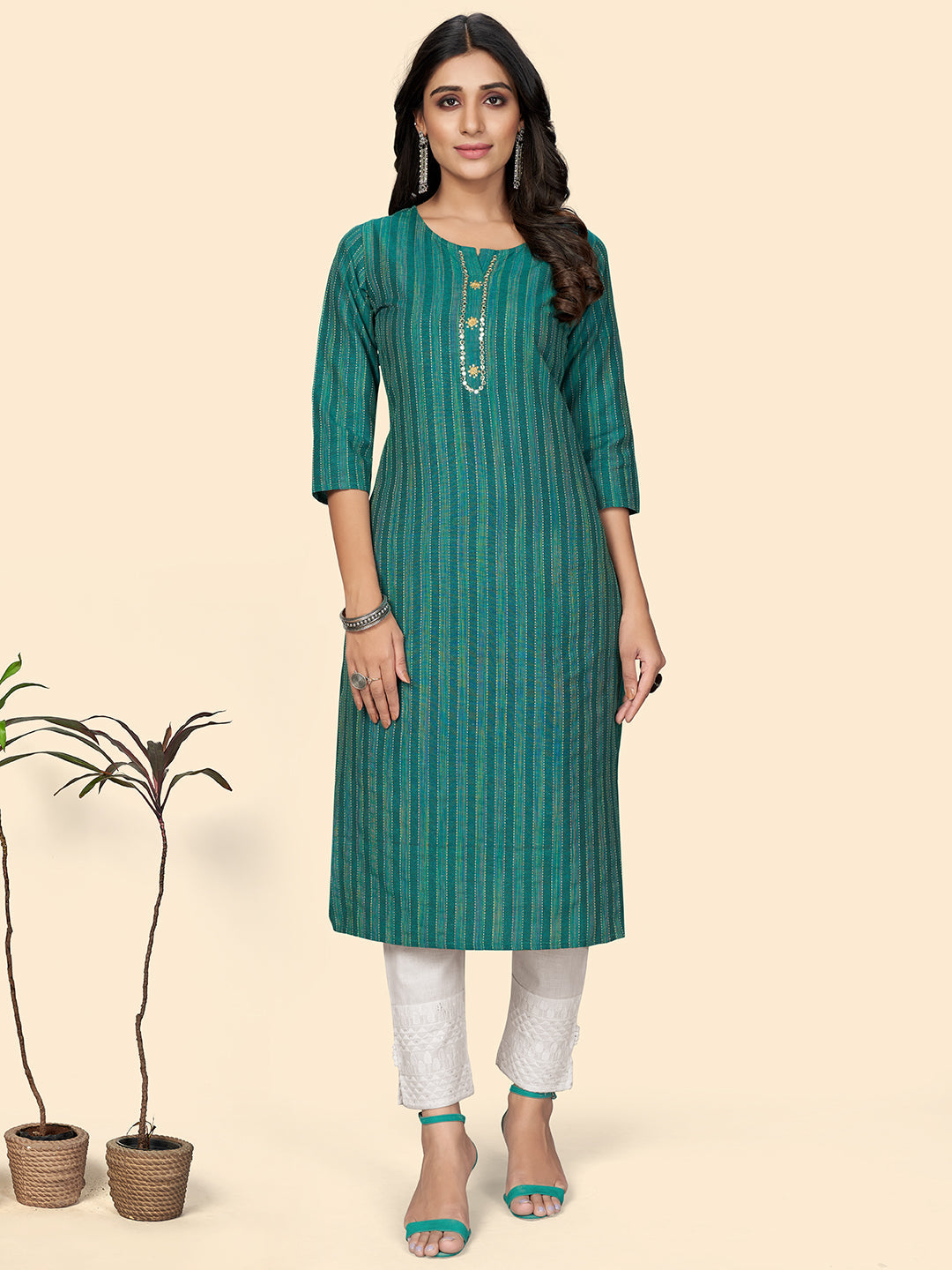 Women's Turquoise Cotton Kurta By Vbuyz (1Pc)