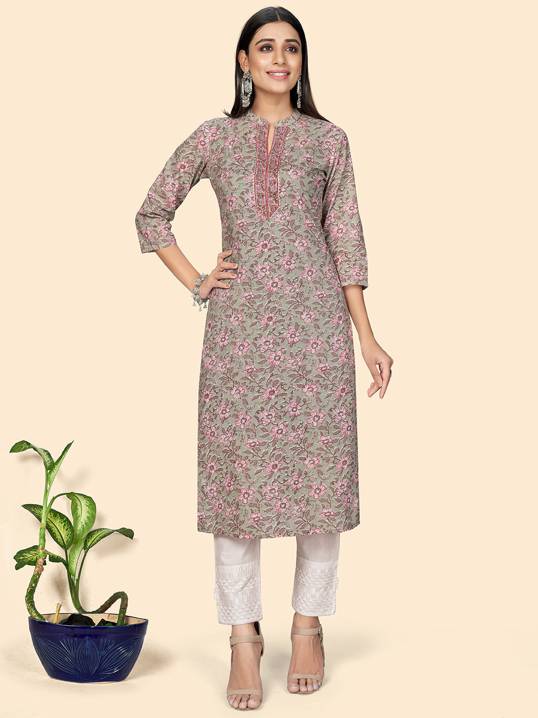 Women's Print & Embroidered Straight Cotton Teal Green Stitched Kurta - Vbuyz