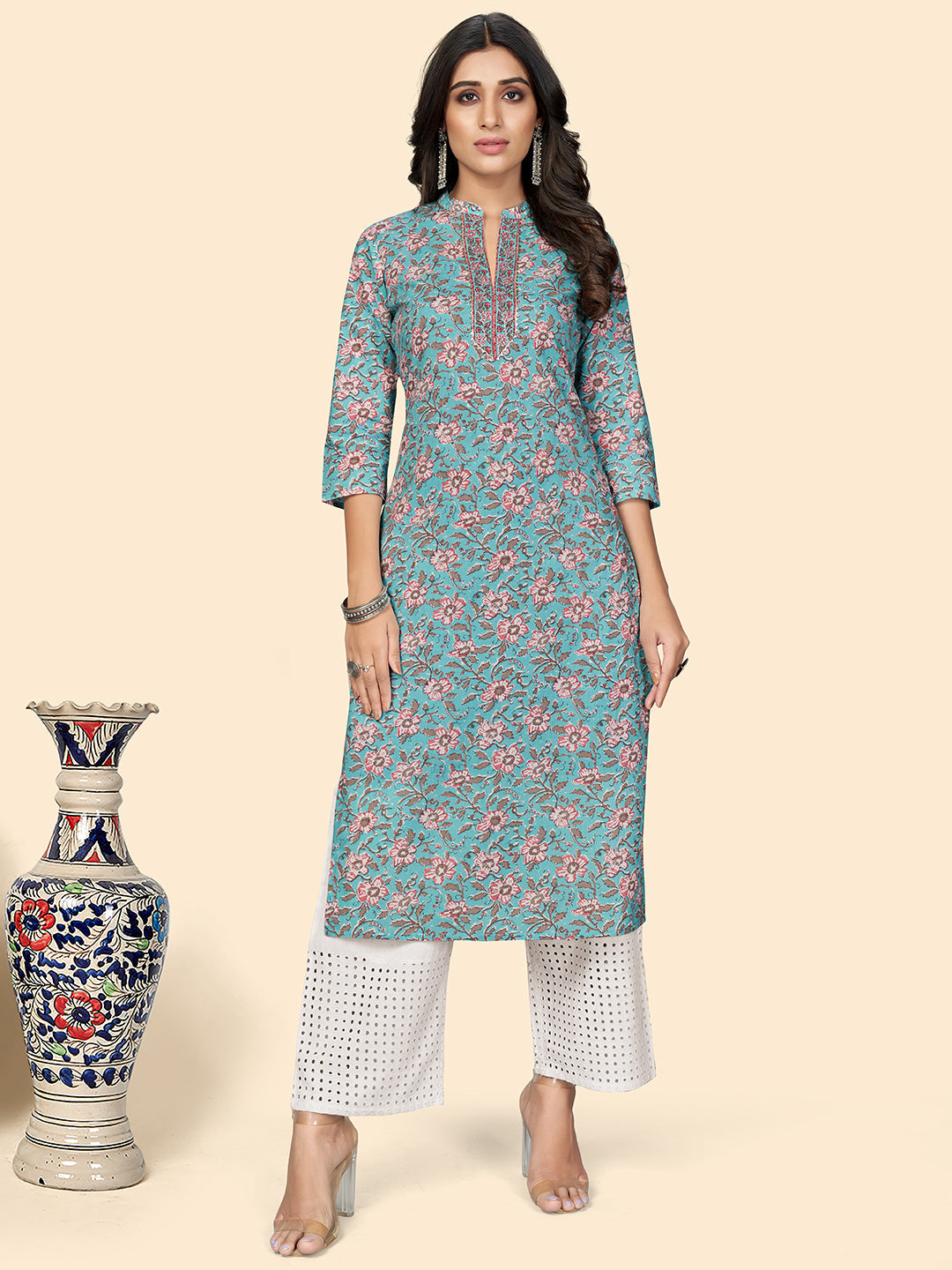 Women's Print & Embroidered Straight Cotton Sky Blue Stitched Kurta - Vbuyz