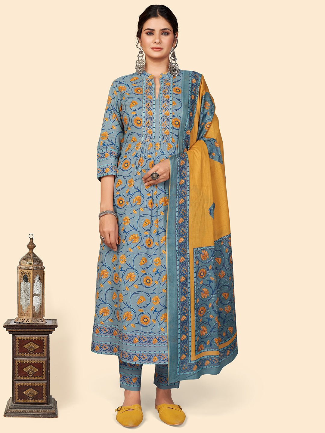 Women's Teal Blue Cotton Kurta With Pant & Dupatta By Vbuyz (3Pcs Set)