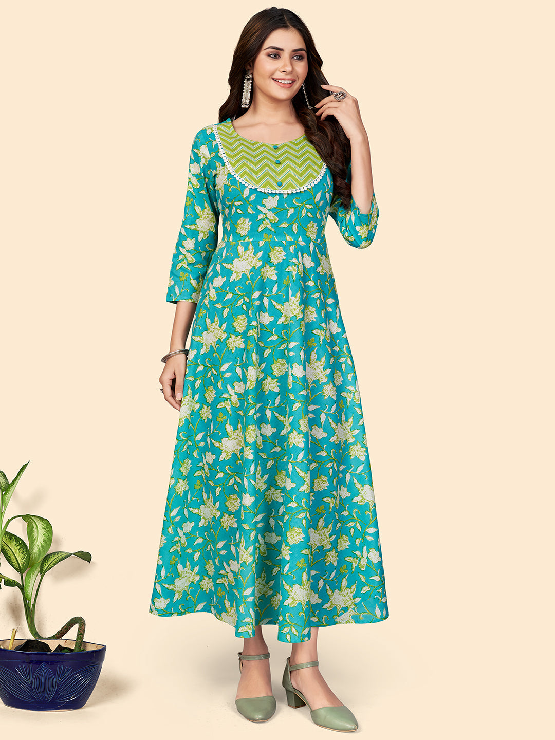 Women's Floral Print Anarkali Cotton Turquoise Stitched Kurta - Vbuyz