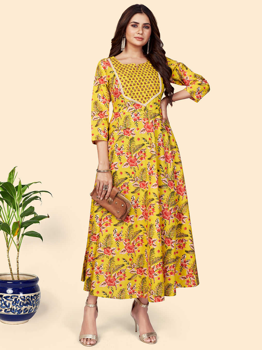 Women's Yellow Anarkali Cotton Kurta By Vbuyz (1Pc)