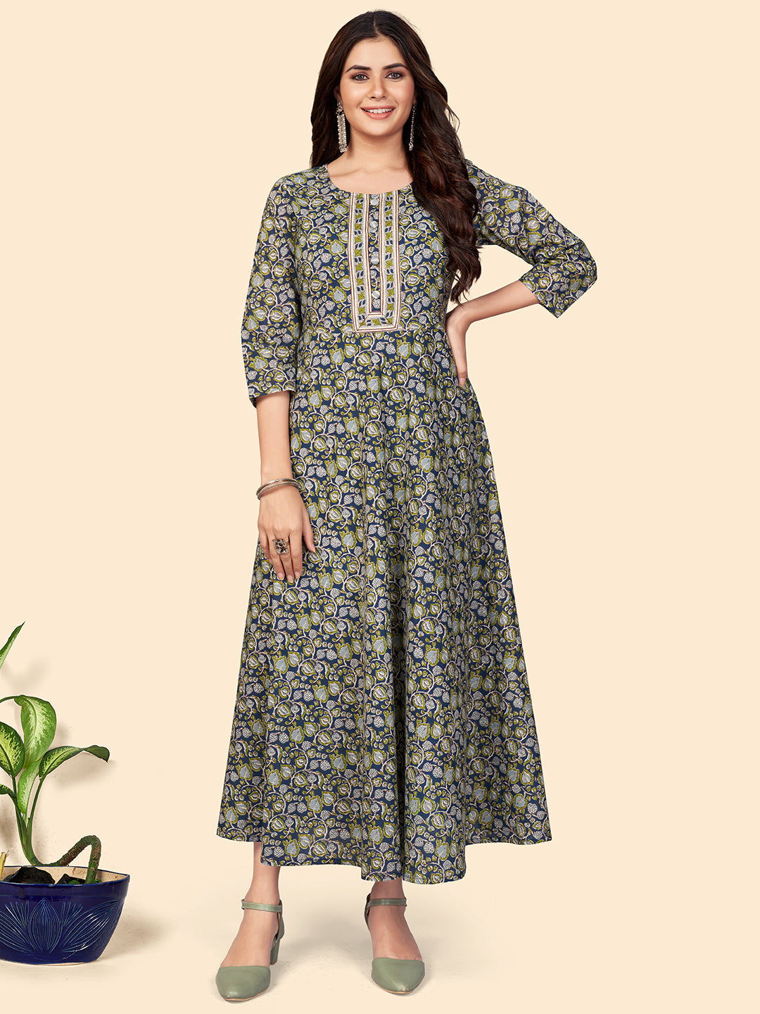 Women's Blue Anarkali Cotton Kurta By Vbuyz (1Pc)