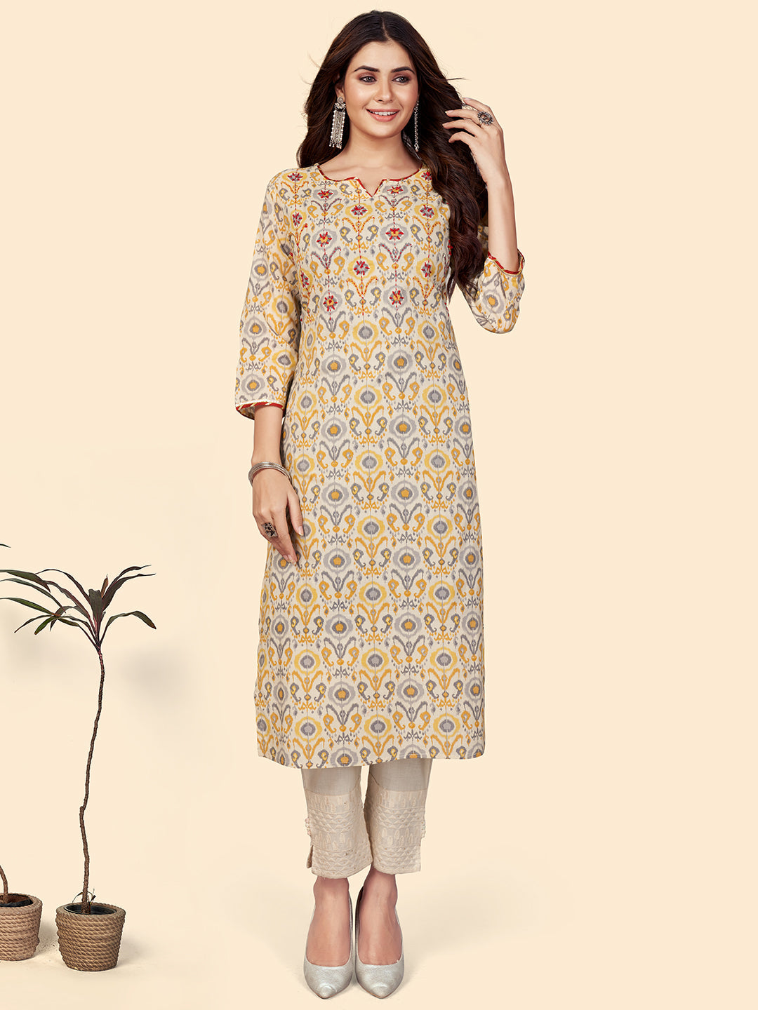 Women's Cream Cotton Kurta By Vbuyz (1Pc)