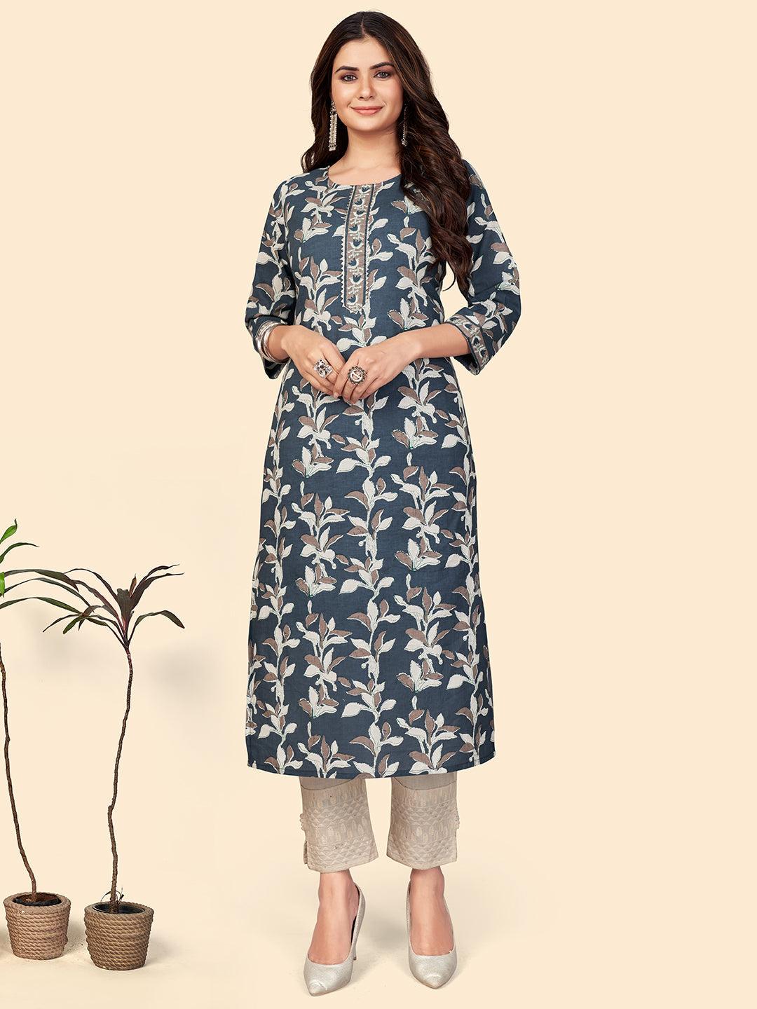 Women's Print & Gota Patti Straight Cotton Dark Grey Stitched Kurta - Vbuyz