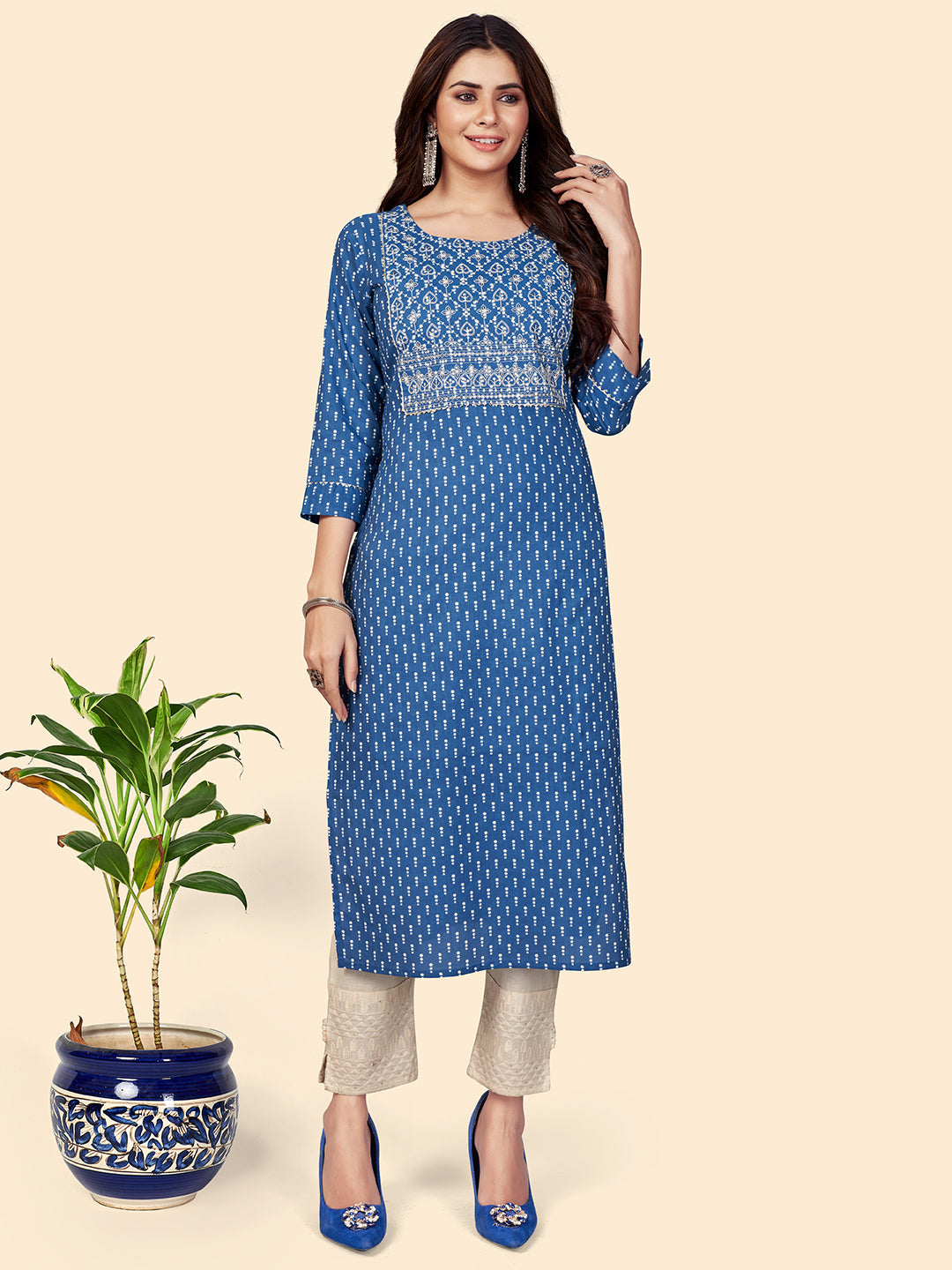 Women's Print & Embroidered Straight Cotton Blue Stitched Kurta - Vbuyz