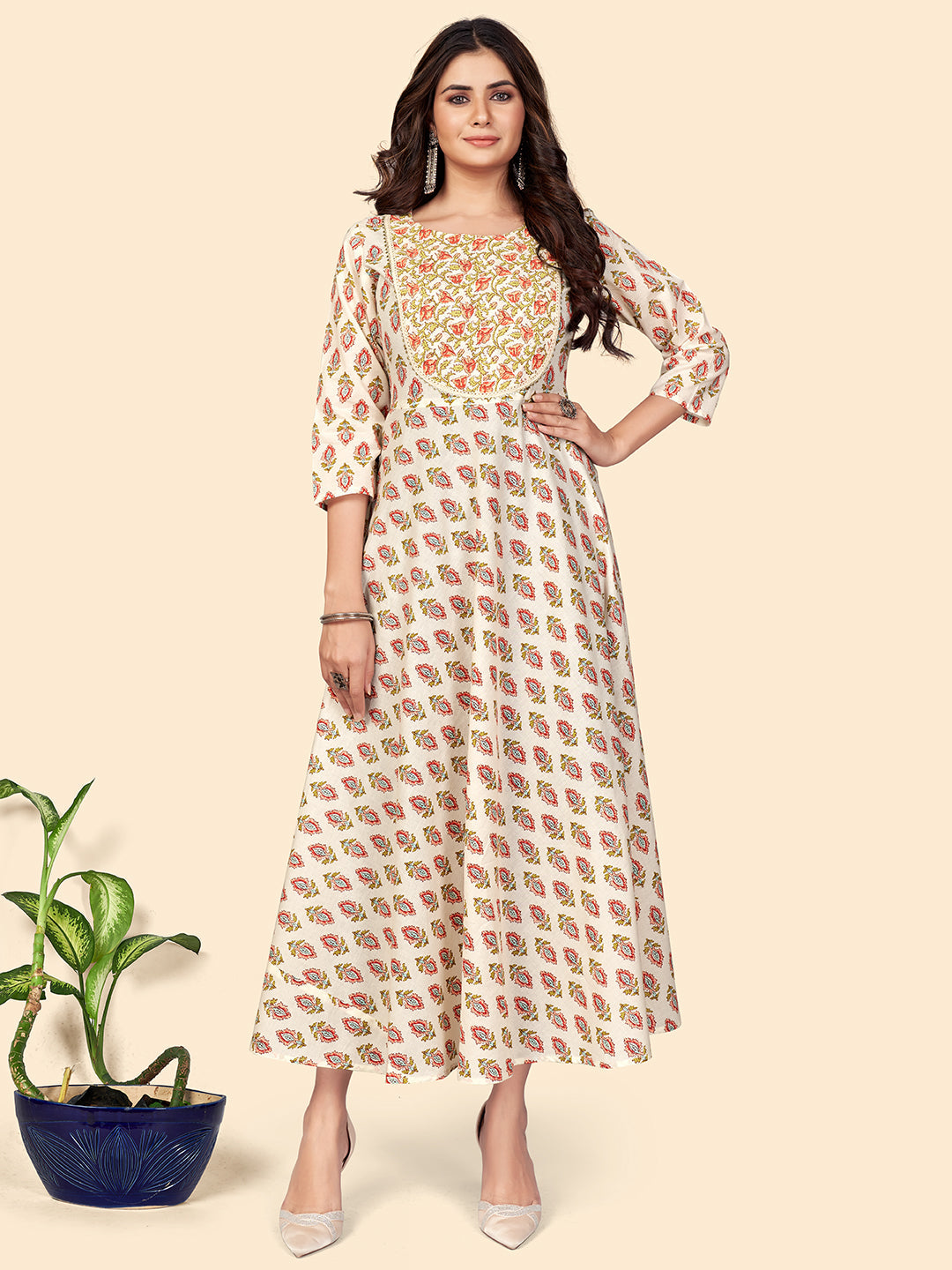 Women's Print & Lace Anarkali Cotton Beige Stitched Kurta - Vbuyz