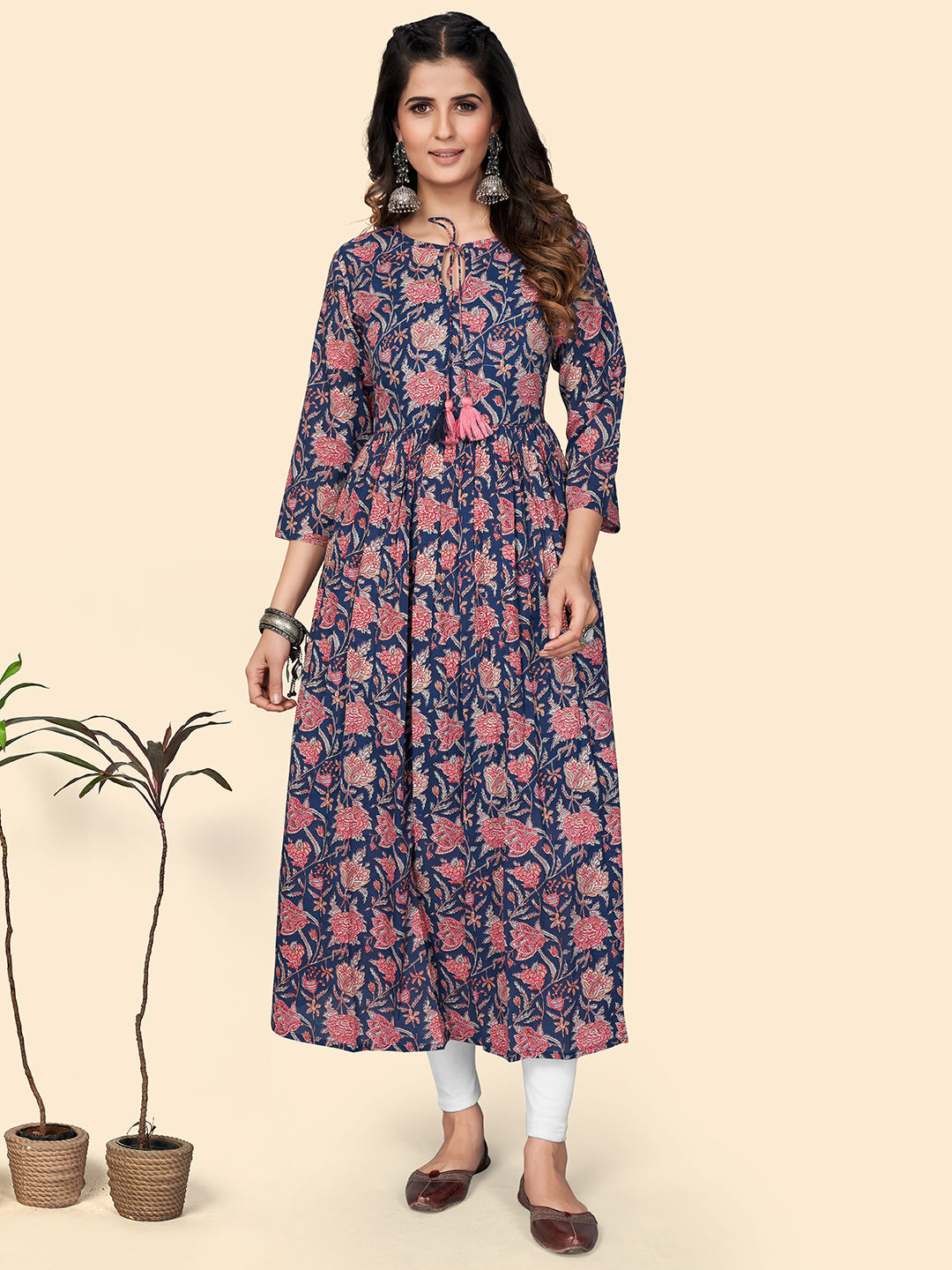 Women's Floral Print Anarkali Cotton Blue Stitched Kurta - Vbuyz