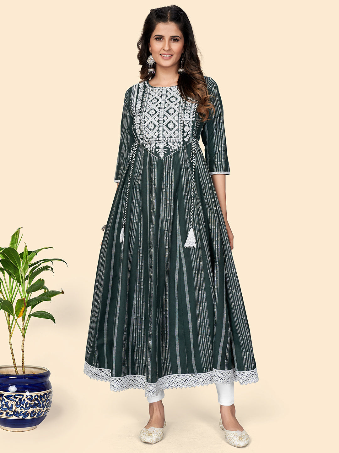 Women's Print & Embroidered Anarkali Cotton Green Stitched Kurta - Vbuyz