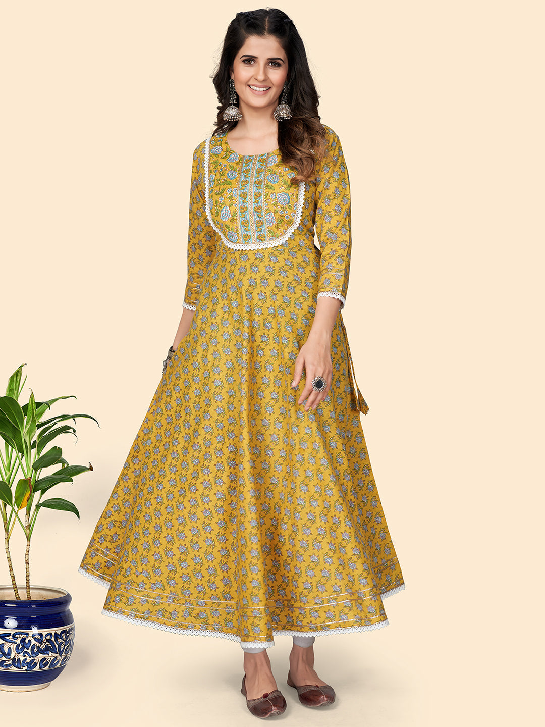 Women's Print & Lace Work Anarkali Cotton Yellow Stitched Kurta - Vbuyz