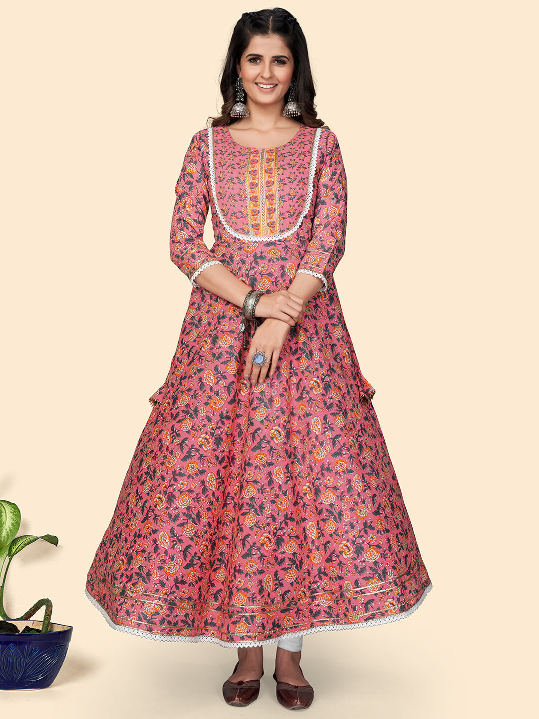 Women's Pink Cotton Anarkali Kurta By Vbuyz (1Pc)