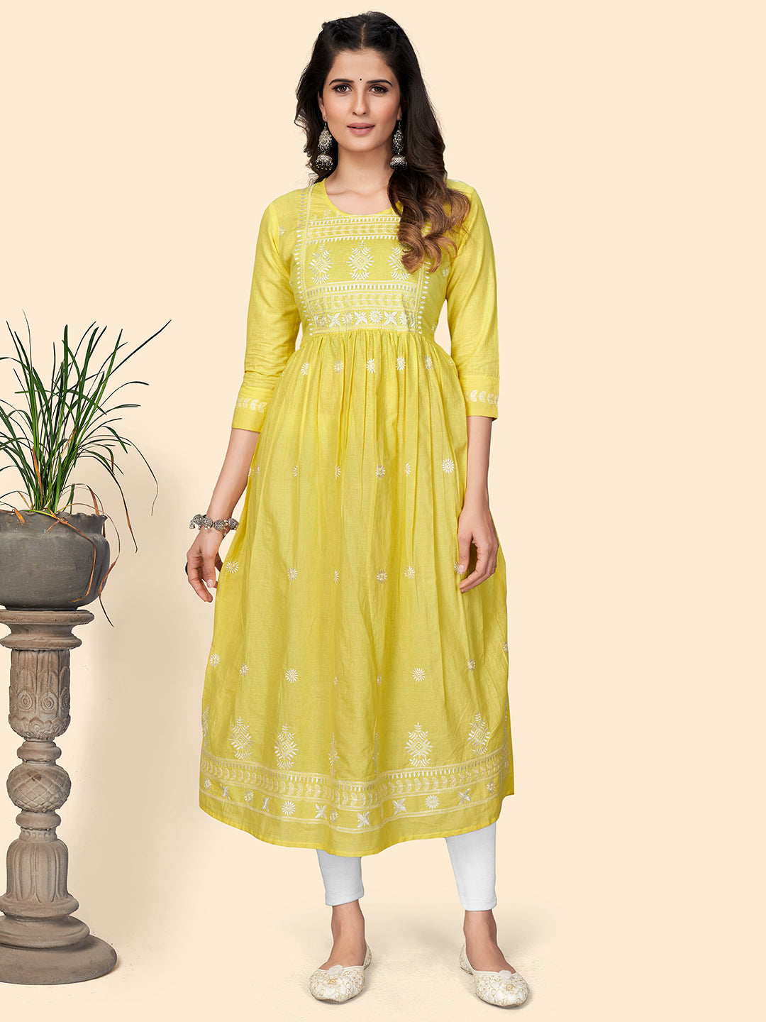 Women's Yellow Cotton Anarkali Kurta By Vbuyz (1Pc)