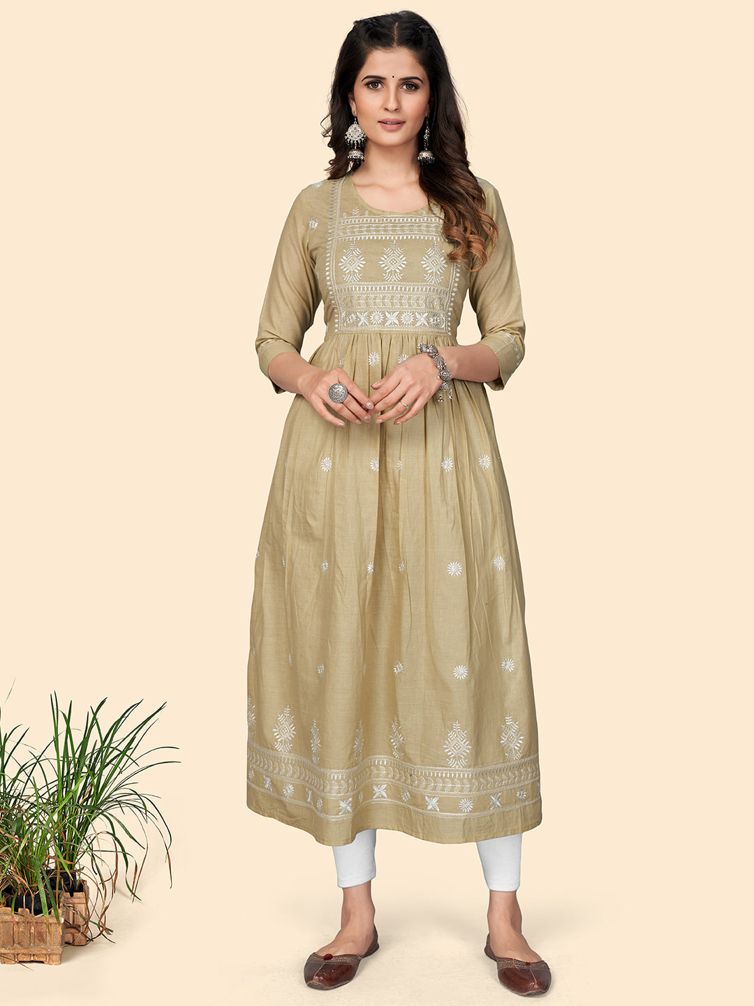 Women's Beige Cotton Kurta By Vbuyz (1Pc)