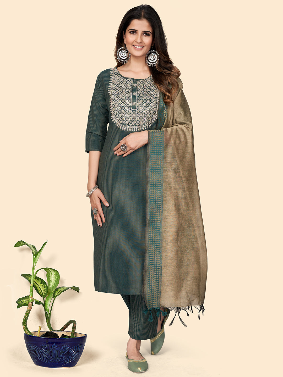 Women's Print & Sequience Straight Cotton Green Stitched Kurta Pant With Dupatta - Vbuyz