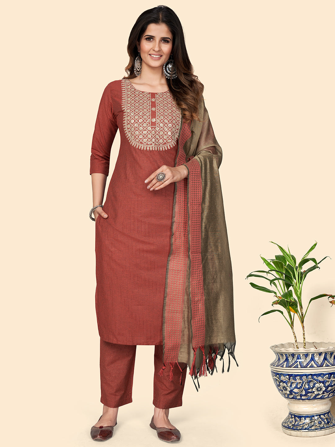 Women's Print & Sequience Straight Cotton Red Stitched Kurta Pant With Dupatta - Vbuyz