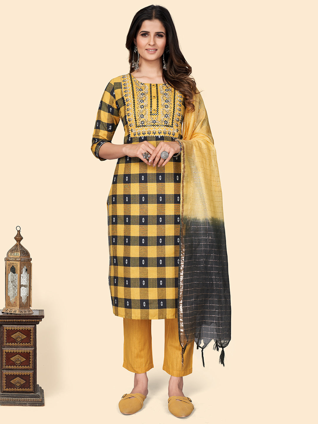 Women's Yellow Cotton Kurta With Pant & Dupatta By Vbuyz (3Pcs Set)