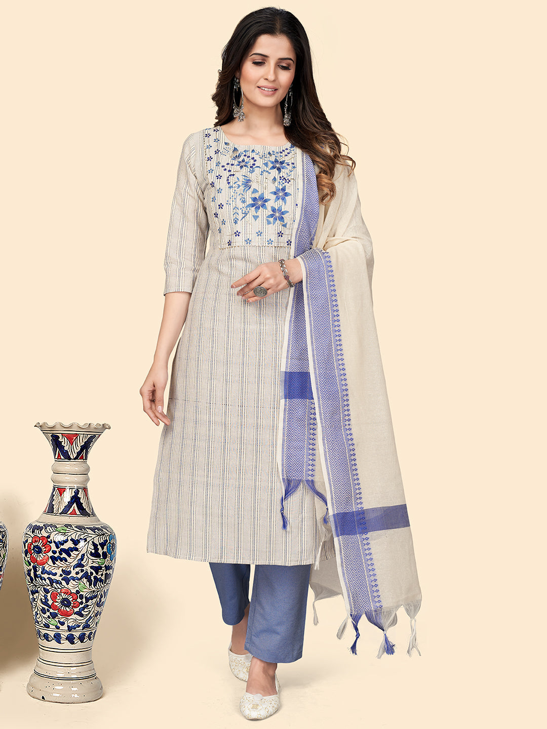 Women's Print & Embroidered Straight Cotton White Stitched Kurta Pant With Dupatta - Vbuyz