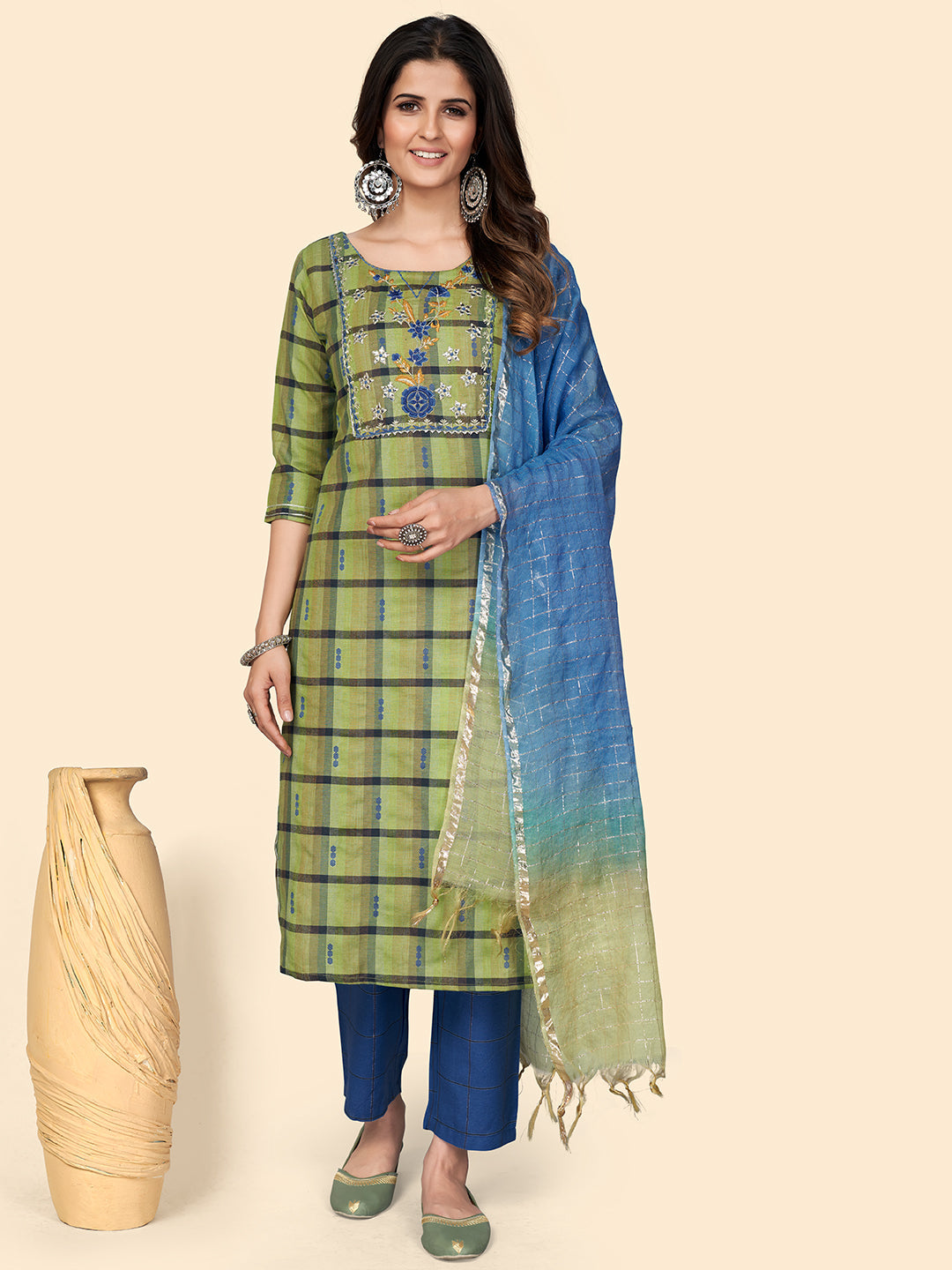 Women's Print & Embroidered Straight Cotton Parrot Green Stitched Kurta Pant With Dupatta - Vbuyz