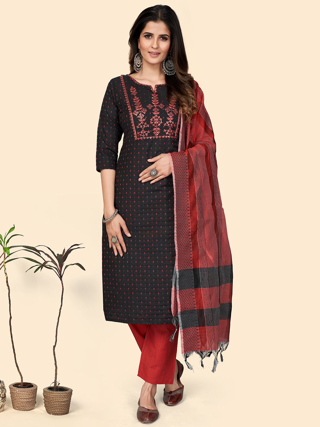 Women's Print & Sequience Straight Cotton Black Stitched Kurta Pant With Dupatta - Vbuyz