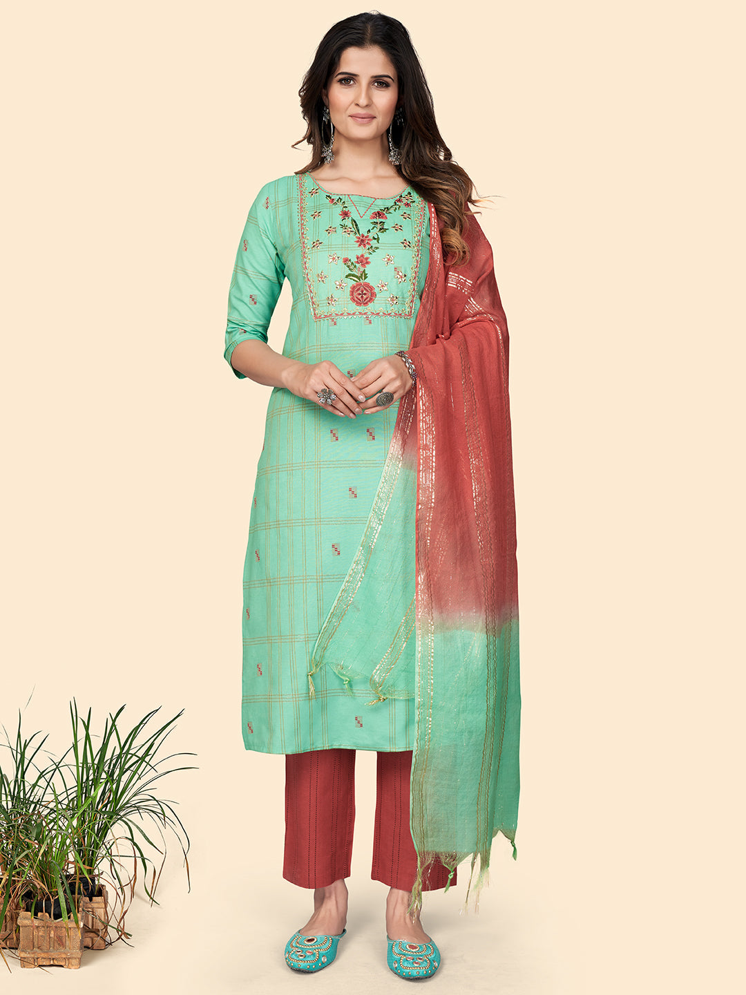 Women's Print & Embroidered Straight Cotton Turquoise Stitched Kurta Pant With Dupatta - Vbuyz