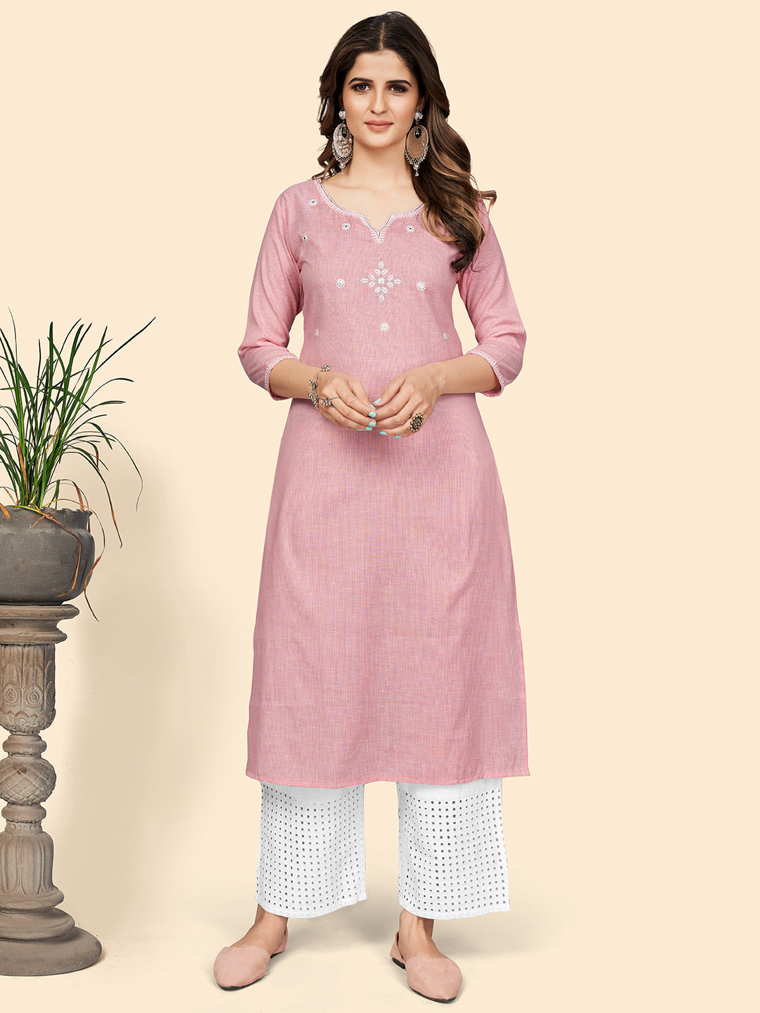 Women's Solid & Mirror Straight Cotton Baby Pink Stitched Kurta - Vbuyz