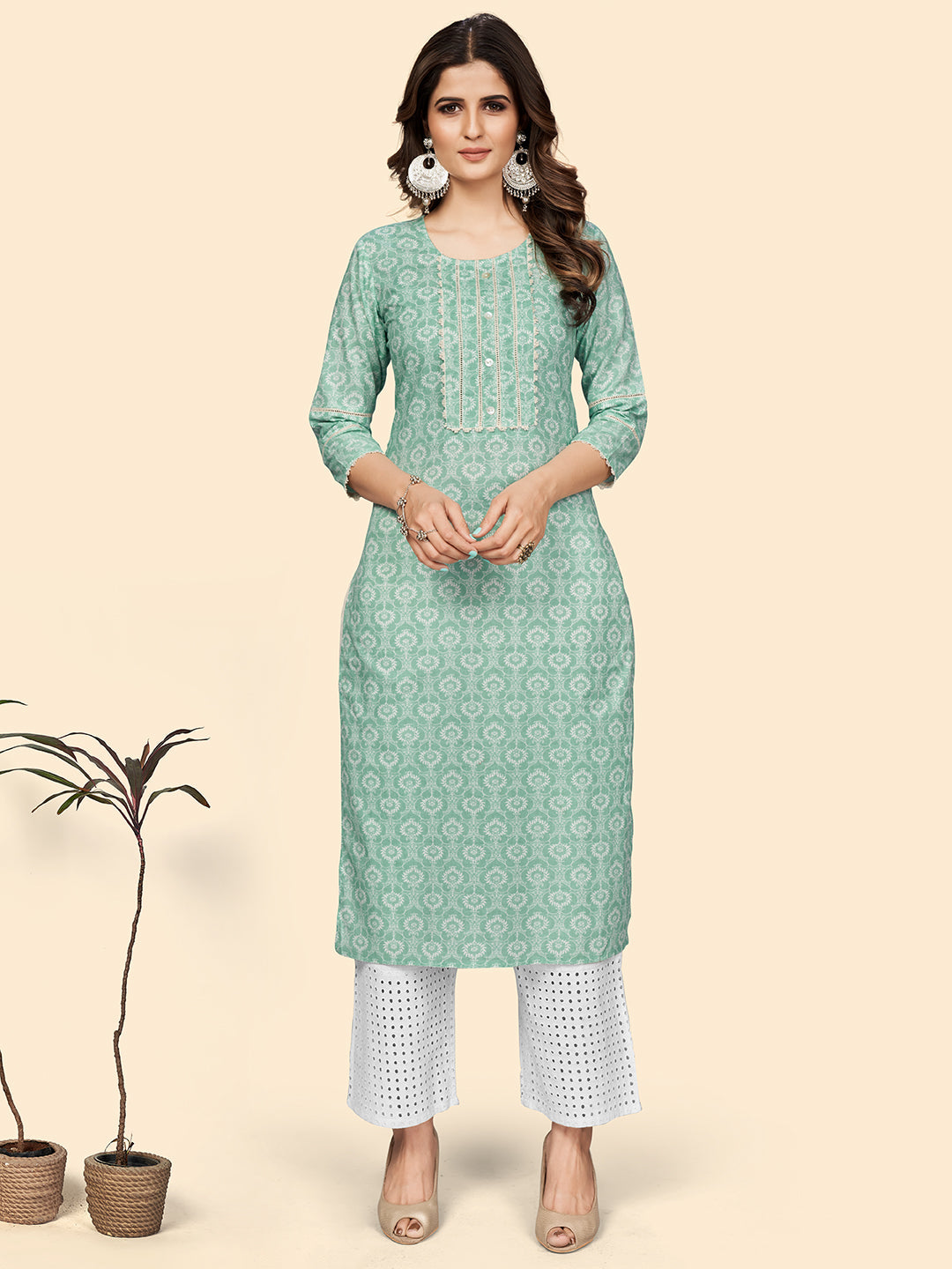 Women's Print & Lace Work Straight Cotton Turquoise Stitched Kurta - Vbuyz