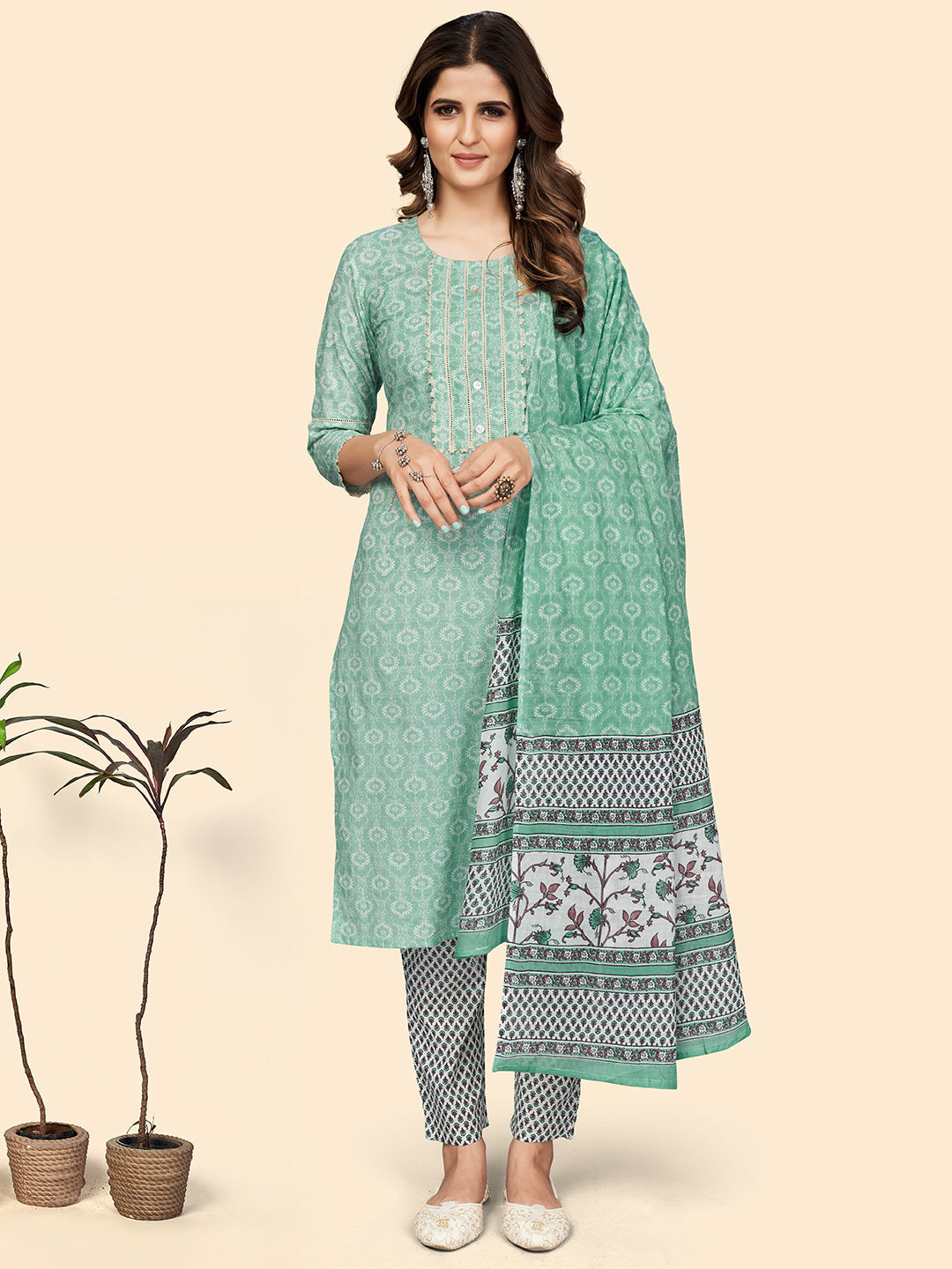 Women's Print & Lace Work Straight Cotton Turquoise Stitched Kurta Pant With Dupatta - Vbuyz