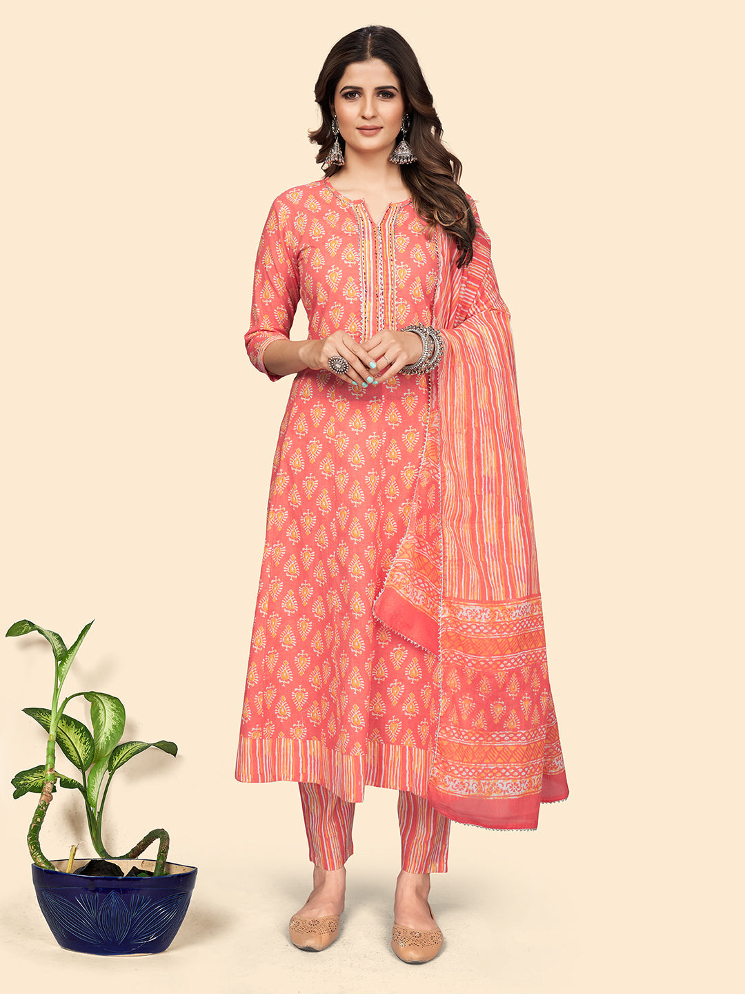 Women's Print & Gota Patti Anarkali Cotton Coral Stitched Kurta Pant With Dupatta - Vbuyz