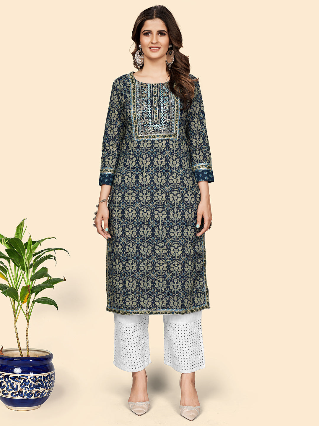 Women's Print & Embroidered Straight Cotton Blue Stitched Kurta - Vbuyz