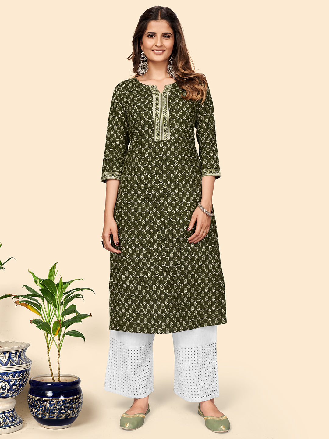 Women's Floral Print Straight Cotton Green Stitched Kurta - Vbuyz