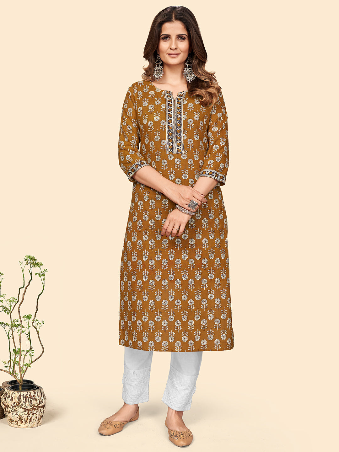 Women's Floral Print Straight Cotton Mustard Stitched Kurta - Vbuyz