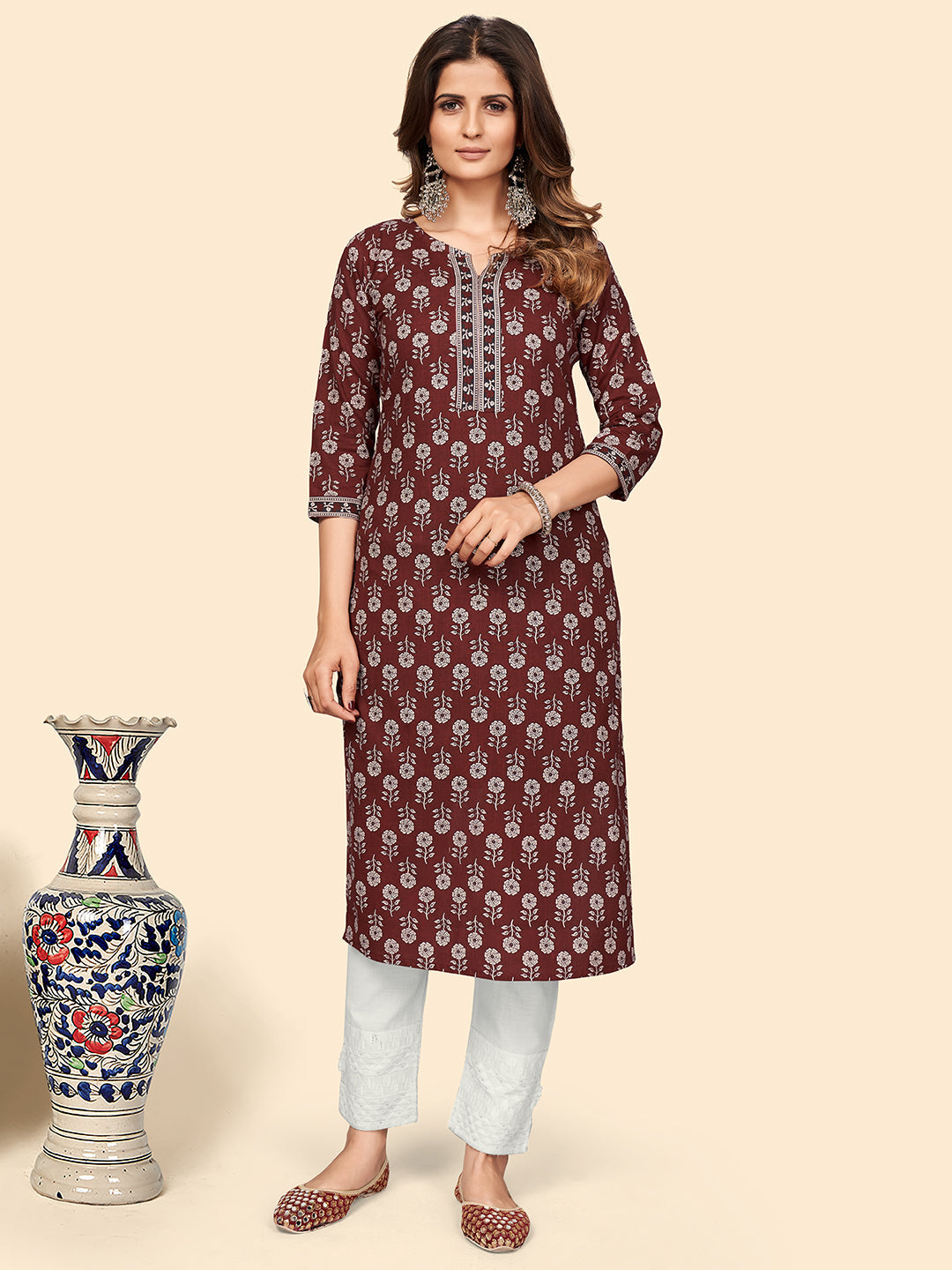 Women's Floral Print Straight Cotton Maroon Stitched Kurta - Vbuyz