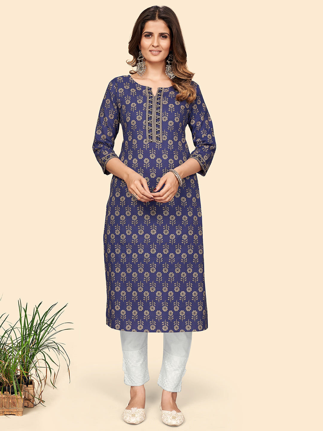 Women's Floral Print Straight Cotton Blue Stitched Kurta - Vbuyz