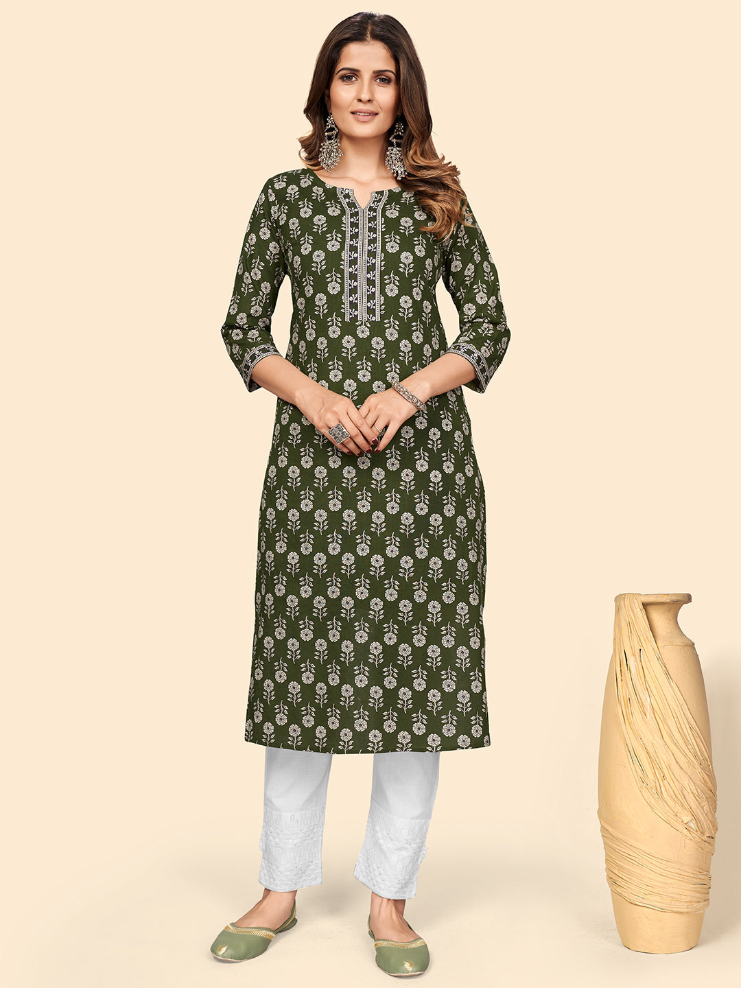 Women's Floral Print Straight Cotton Green Stitched Kurta - Vbuyz