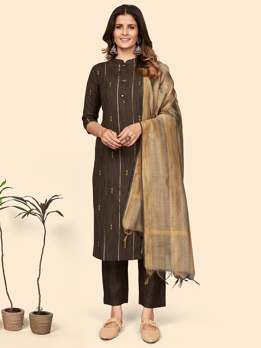 Women's Printed Brown Kurta & Pant With Dupatta By Vbuyz- (3Pcs Set)