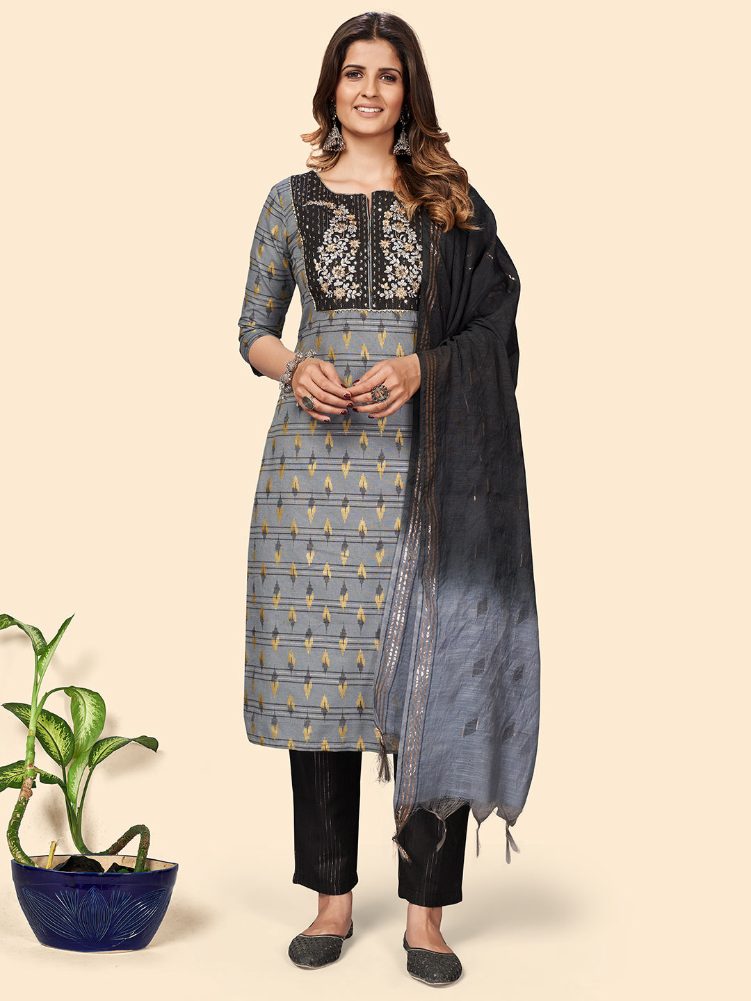 Women's Grey Cotton Kurta With Pant & Dupatta By Vbuyz (3Pcs Set)