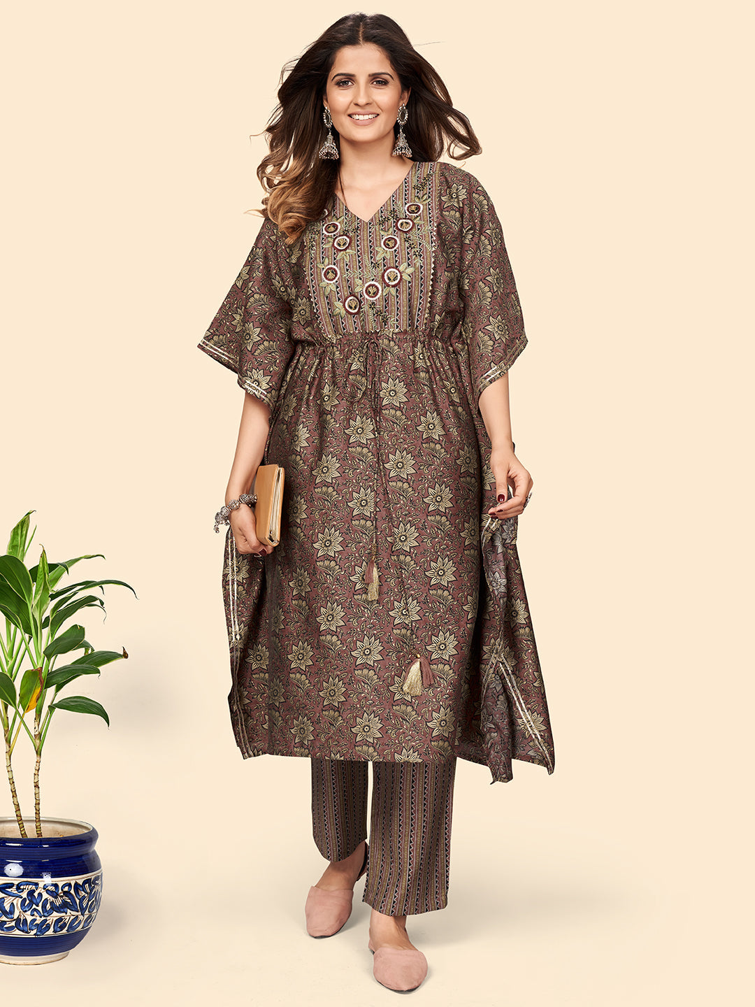 Women's Print & Embroidered Straight Chanderi Brown Stitched Kaftan Kurta With Pant Set - Vbuyz