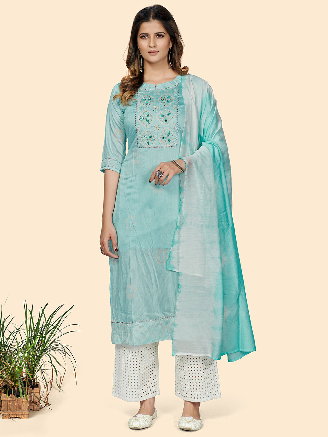 Women's Turquoise Foil Print Kurta With Dupatta By Vbuyz- (2Pcs Set)