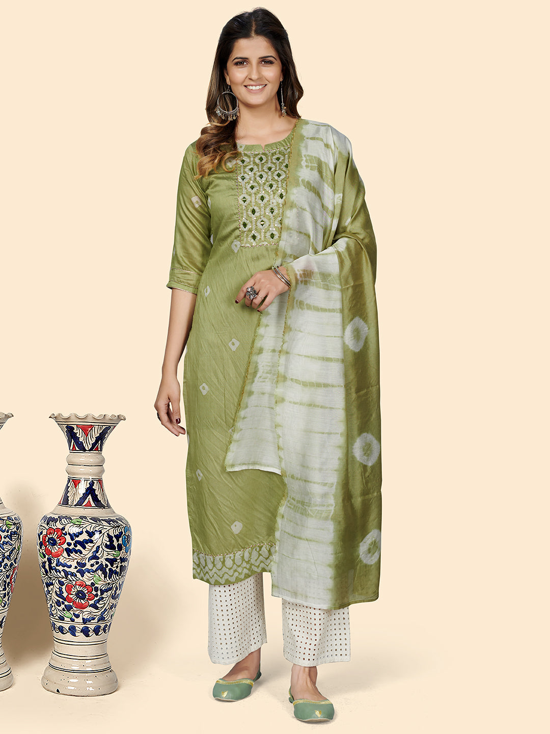 Women's Batik Print Straight Chanderi Parrot Green Stitched Kurta With Dupatta - Vbuyz