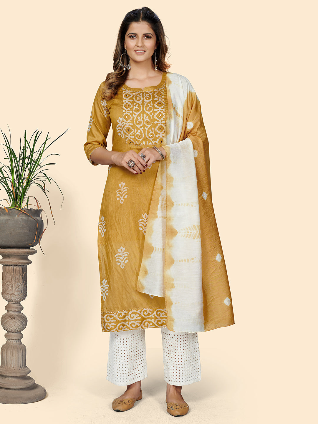 Women's Batik Print Straight Chanderi Yellow Stitched Kurta With Dupatta - Vbuyz