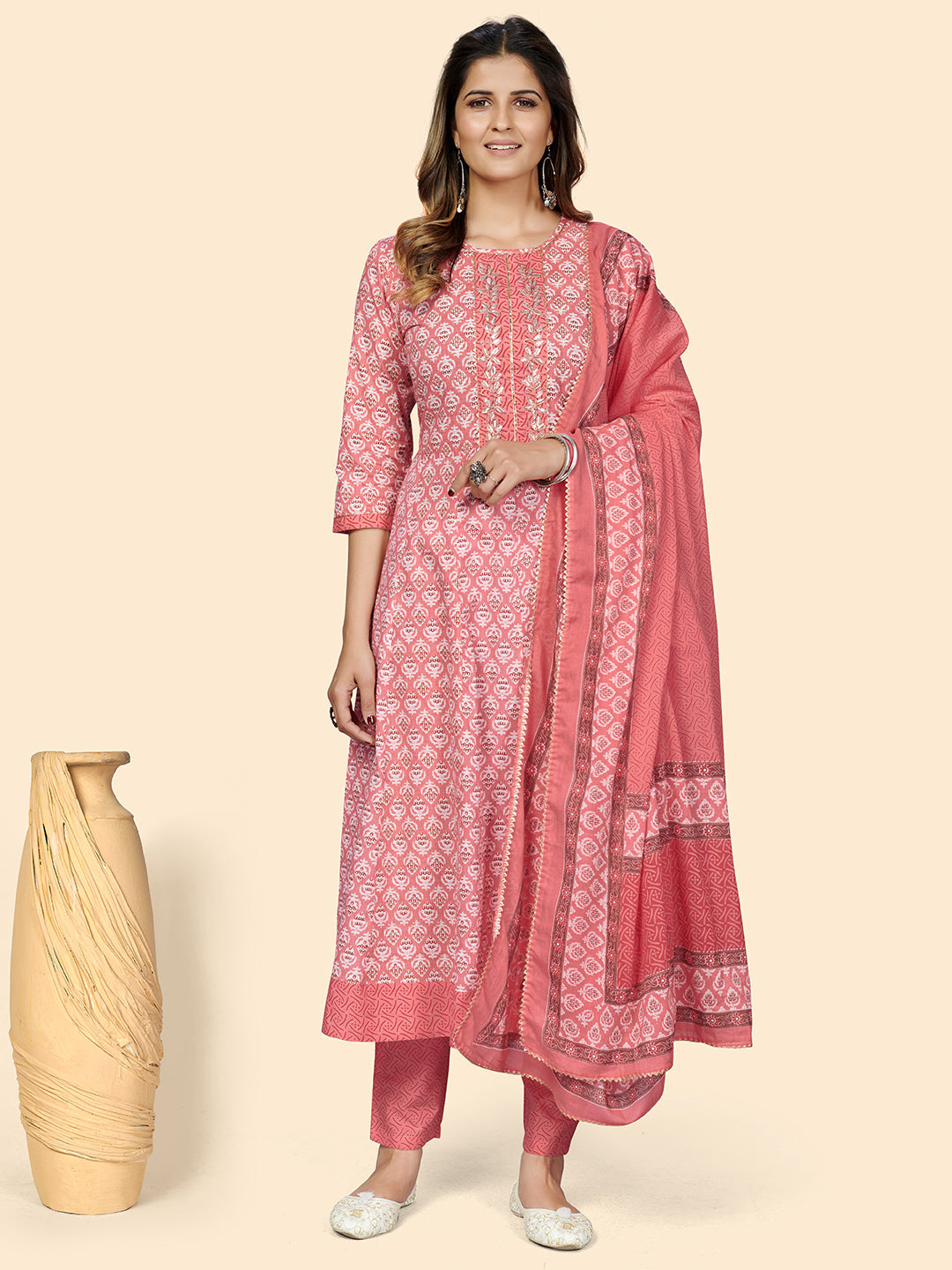 Women's Peach Anarkali Kurta & Pant With Dupatta Set By Vbuyz- (3Pcs Set)