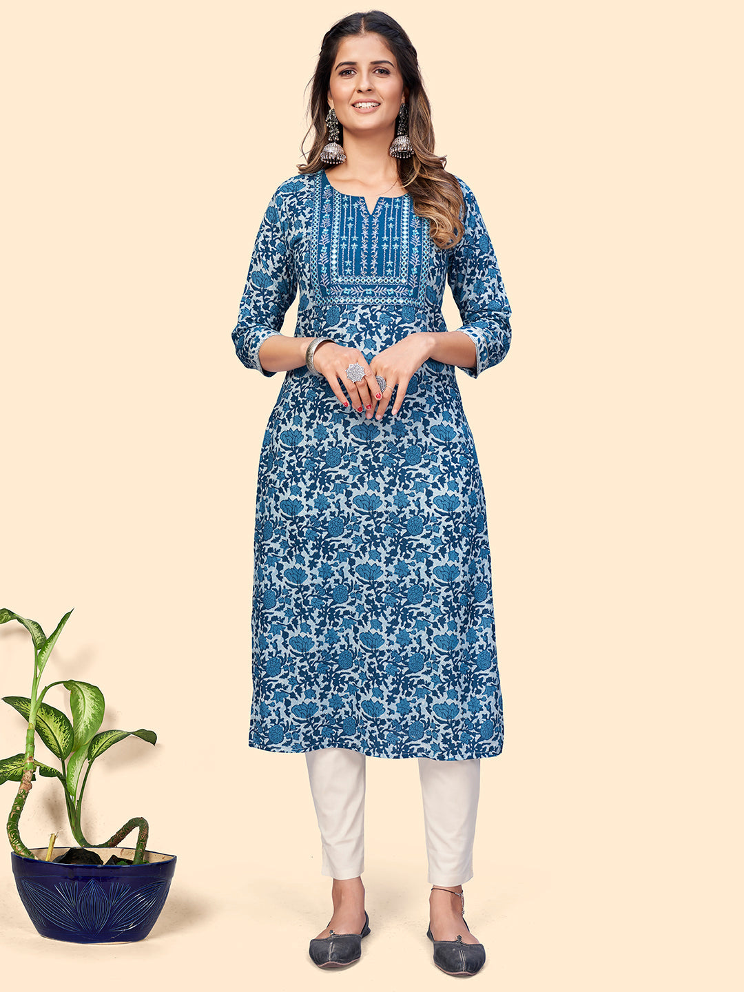 Women's Print & Embroidered Straight Cotton Blue Stitched Kurta - Vbuyz