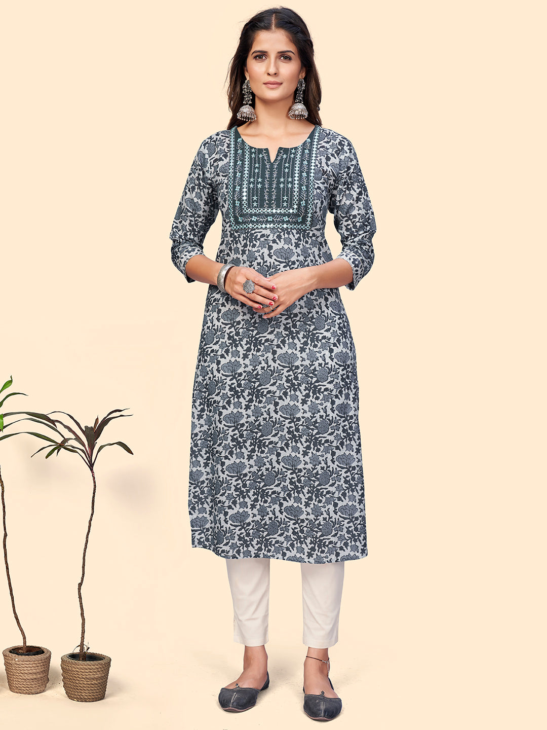 Women's Print & Embroidered Straight Cotton Grey Stitched Kurta - Vbuyz